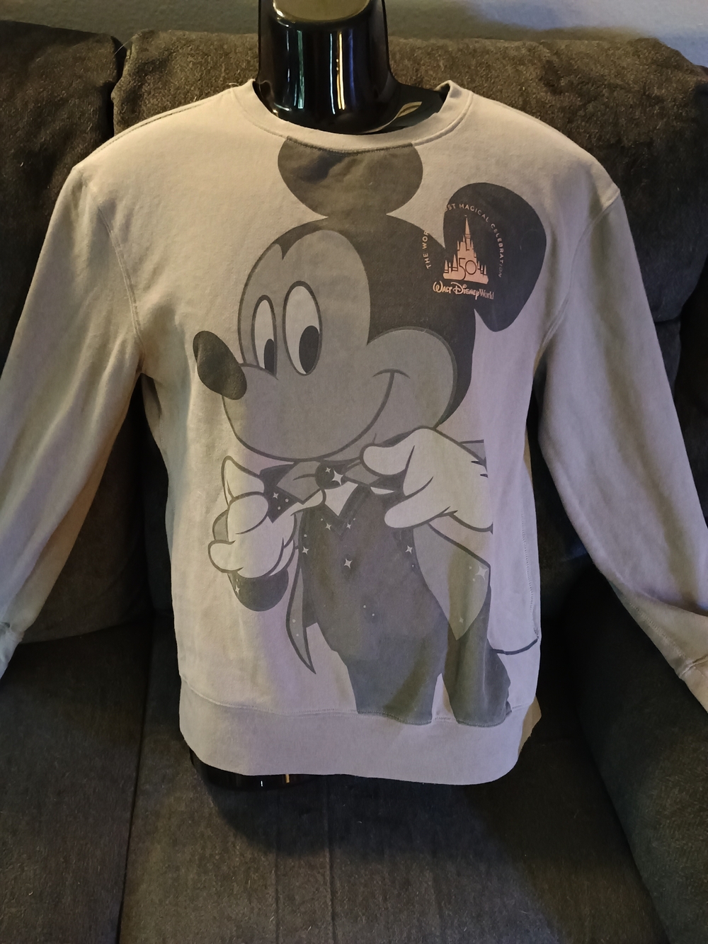 Disney Light Gray Mickey Mouse Graphic Crewneck Sweatshirt with Black Print